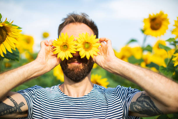 młody dorosły mężczyzna na polu słonecznika - sunflower field flower yellow zdjęcia i obrazy z banku zdjęć