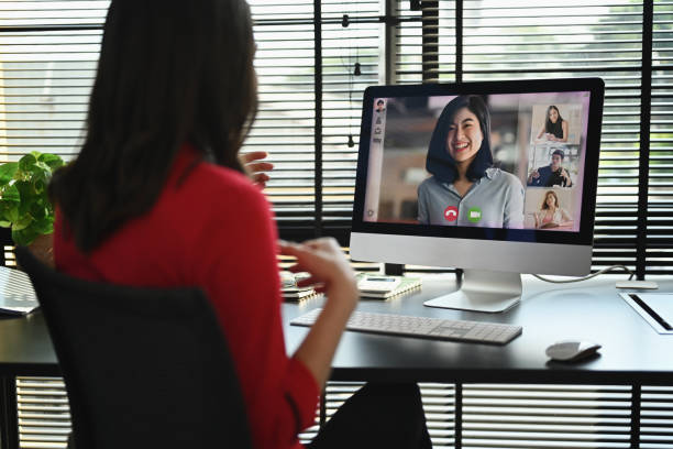 Back view of female entrepreneur having video call, discussing issues remotely online with diverse coworkers on computer. stock photo