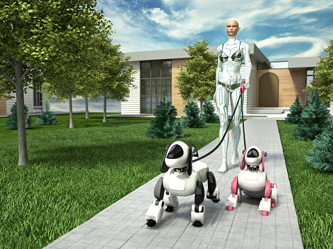 Female humanoid robot walking robot dogs outside the house.