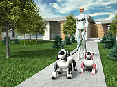 Female humanoid robot walking robot dogs outside the house