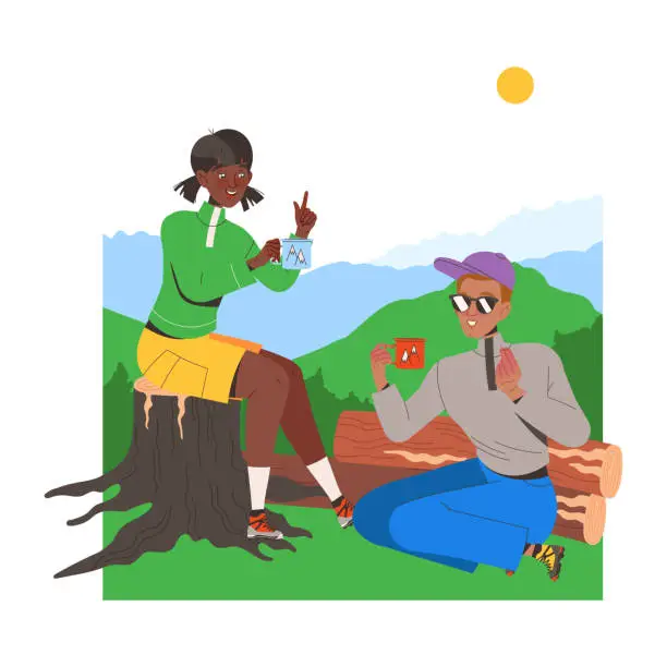 Vector illustration of Hiking in the Mountains with Man and Woman Character Drinking Tea Sitting on Tree Stump Vector Illustration