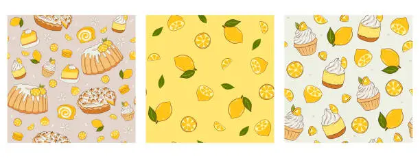 Vector illustration of Set of patterns with lemons and desserts. Vector graphics.