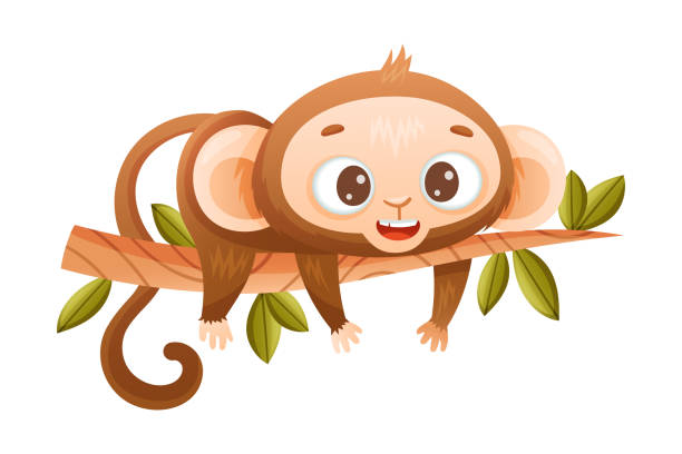 Funny Brown Monkey with Prehensile Tail Lying on Tree Branch Vector Illustration Funny Brown Monkey with Prehensile Tail Lying on Tree Branch Vector Illustration. Little Ape or Primate with Protruding Ears Concept prehensile tail stock illustrations