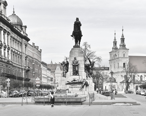 Overall black and white view of Jana Matejki square with Grunwald Monument and Saint Florian basilica