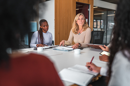 Multicultural business people meeting and talking in modern office. International company leaders at corporate meeting discussing business project sitting at desk in boardroom