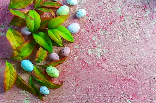 Easter decorative composition with easter speckled eggs and leaf sprigs with green and red leaves. On a stone washed background with place for text.