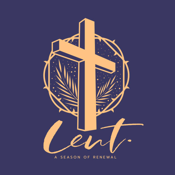 Lent, a season of renewal - gold perspective cross crucifix sign circle thorns sign and palm leaves around on purple background flat style vector design Lent, a season of renewal - gold perspective cross crucifix sign circle thorns sign and palm leaves around on purple background flat style vector design lent stock illustrations