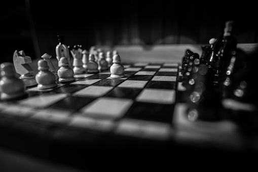 The set of wooden chess pieces elements standing on chess board on dark background. Blurred black and white background with a low depth of focus. Leadership, teamwork, partnership, business strategy concept.