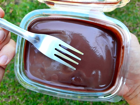 Eating Chocolate cake in plastic container - green background.