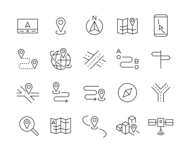 ilustrações de stock, clip art, desenhos animados e ícones de navigation icons - vector line icons - direction arrow sign globe planet