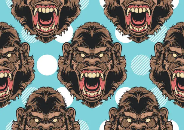 Vector illustration of ferocious angry gorilla monkey face pattern 3