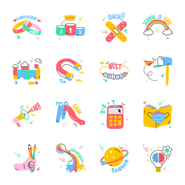 ilustraciones, imágenes clip art, dibujos animados e iconos de stock de conjunto de pegatinas planas de objetos escolares - magnetic band