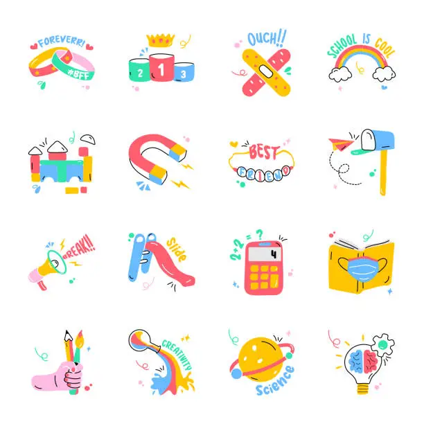 Vector illustration of Set of School Objects Flat Stickers