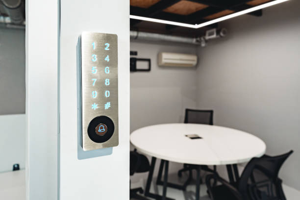 istock Electronic digital door lock on white office wall 1457020819