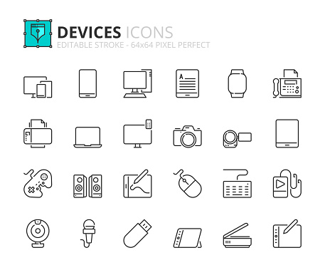 Line icons about devices. Contains such icons as mobile, tablet, PC, ereader, smart watch, printer and camera. Editable stroke Vector 64x64 pixel perfect