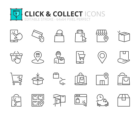 Outline icons about click and collect. Contains such icons as shopping, buy online, select location, store, locker, collect and pick up. Editable stroke Vector 64x64 pixel perfect