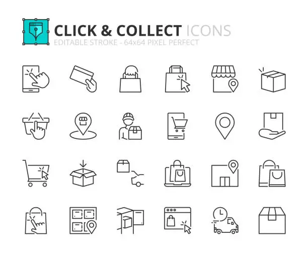 Vector illustration of Simple set of outline icons about click and collect. Shopping online concepts.