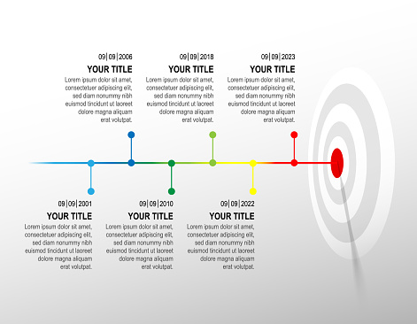 Colour line hit to dartboard with sample infographic. target timeline left to right. Business data chart, investment goal, marketing challenge, strategy presentation, achievement diagram. vector template.