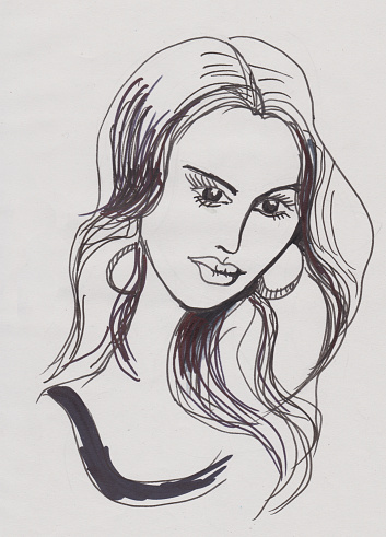 portrait of a woman with flowing hair, black and white drawing