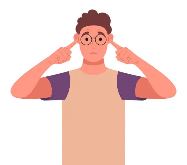 Vector illustration of Curly young man in glasses covering ears with fingers with annoyed expression for the noise. Vector illustration.