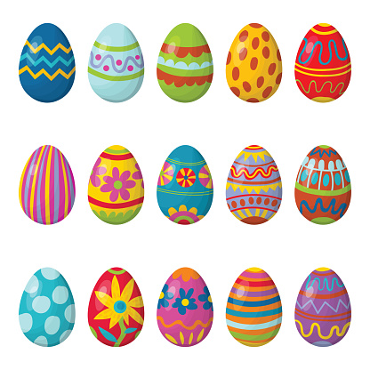 Cute collection of cartoon ornamental Happy Easter eggs isolated on white background. Clip art set of spring holiday treat. Eggs with zig zag lines, dots, striped, with flowers, polka dot.