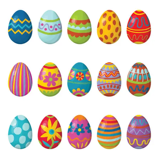 Vector illustration of Cute collection of cartoon ornamental Happy Easter eggs isolated on white background. Clip art set of spring holiday treat. Eggs with zig zag lines, dots, striped, with flowers, polka dot.