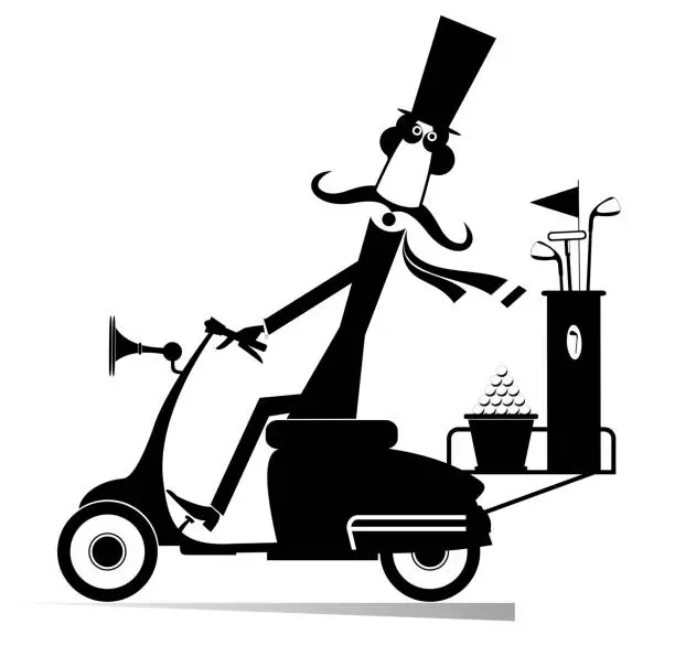 Vector illustration of Man on the scooter goes to play golf illustration