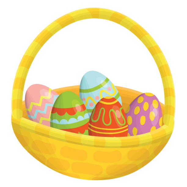 illustrazioni stock, clip art, cartoni animati e icone di tendenza di simpatico cartone animato cesto di buona pasqua con uova ornamentali isolate su sfondo bianco. - breakfast easter yellow easter egg