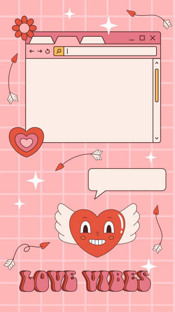 ilustraciones, imágenes clip art, dibujos animados e iconos de stock de plantilla de historias ig retro vectoriales para el día de san valentín. marco vintage para texto 90s y2k. amor y romance de fondo con corazones y estrellas. diseño de redes sociales. ventana y corazones del navegador vaporwave. - valentines day heart shape backgrounds star shape