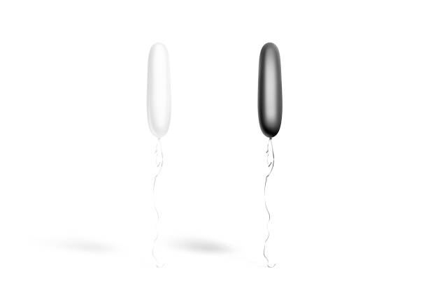 Blank black and white long balloon flying mockup, front view, 3d rendering. Empty inflated mylar decoration balloons mock up, isolated. Clear latex air levitation present for anniversary template.