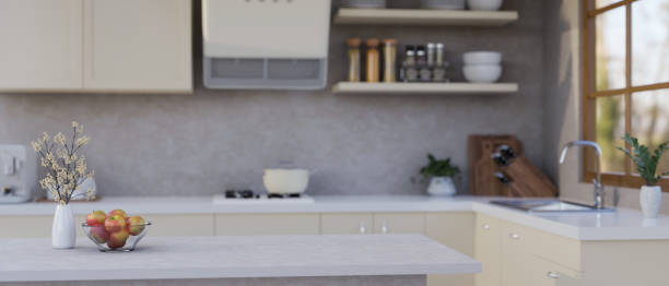 istock Copy space on modern kitchen island or kitchen tabletop in modern contemporary kitchen room 1457029944