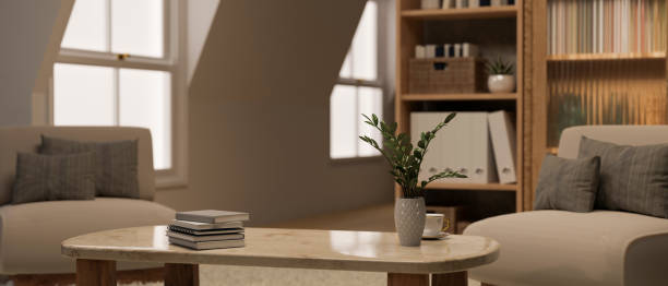 istock Copy space on coffee tabletop with decor in comfortable Scandinavian living room interior design. 1457029970