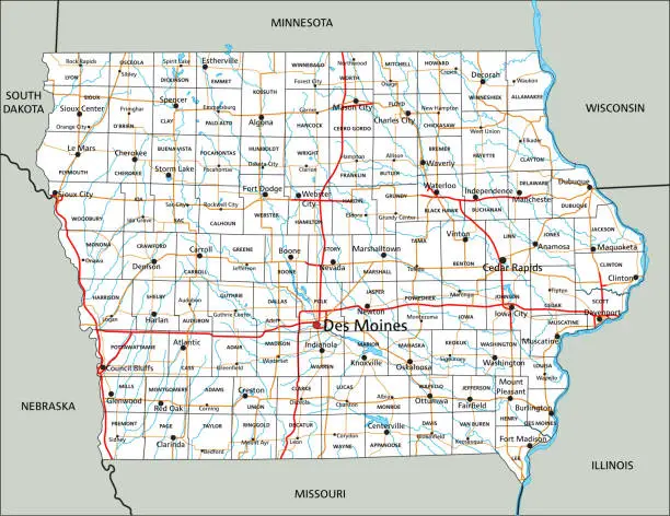 Vector illustration of High detailed Iowa road map with labeling.