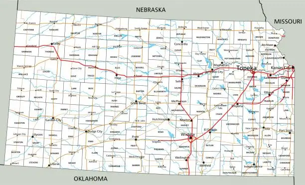 Vector illustration of High detailed Kansas road map with labeling.