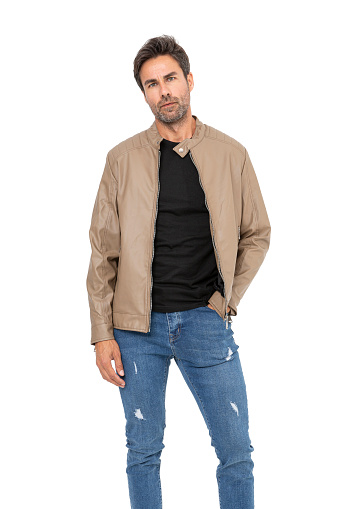 Handsome middle-aged hispanic stubby bearded man on white studio. Short-haired handsome man in leather jacket, t-shirt and jeans, on white background.