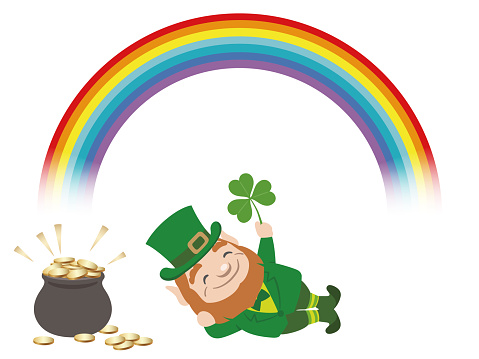 Vector St. Patrick’s Day Symbol Illustration With A Leprechaun, A Rainbow, And A Pot Of Gold Isolated On A White Background.