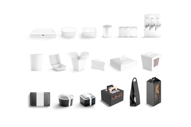 Blank black and white food and drink pack mockup, isolated, 3d rendering. Empty cardboard or craft fastfood box package mock up. Clear cake, pasta and pizza take away carton packaging template.