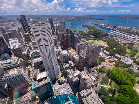 Panoramic Aerial Drone view of Sydney CBD and Harbour. Housing, roof tops, the streets, parks, commercial office towers