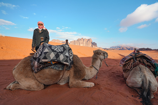 Wadi Rum, Jordan - January 19, 2020: Unknown man in warm coat and red white shemagh - traditional Bedouin head scarf, camel resting on red dust desert in front, sun shines to mountains background