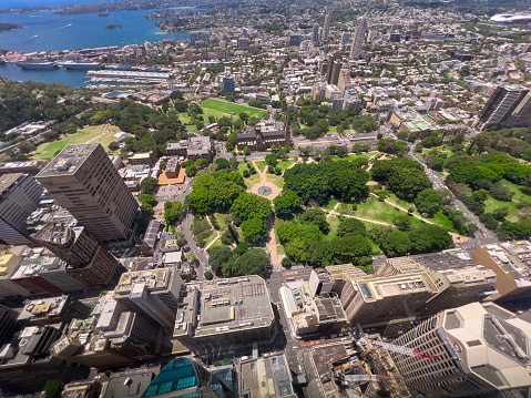Aerial view of Washington Square Park with skyscrapers buildings in Manhattan, New York City, New York State, USA.