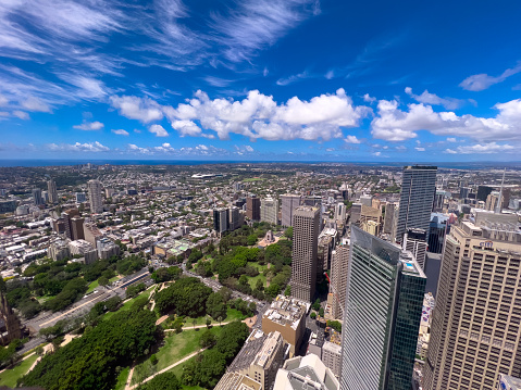 Panoramic Aerial Drone view of Sydney CBD and Harbour. Housing, roof tops, the streets, parks, commercial office towers