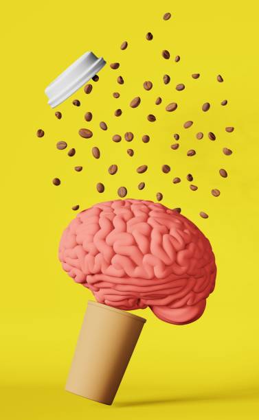istock Human brain floating coffee bean explosion paper cup 3D rendering yellow Energy charge creative idea imagination concept 1457035275
