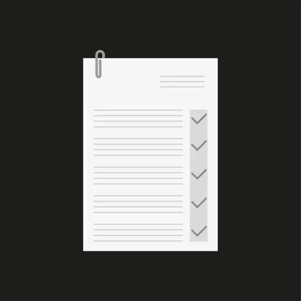 Vector illustration of Check sheet paperclip icon. Notepad illustration. Vector illustration.