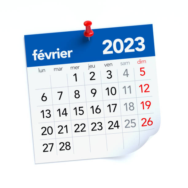 februar kalender 2023 in französischer sprache. isoliert auf weißem hintergrund. 3d-illustration - calendar february desk computer stock-fotos und bilder