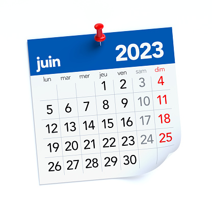 June Calendar 2023 in French Language. Isolated on White Background. 3D Illustration