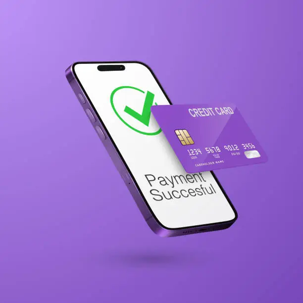 Vector illustration of Vector 3d Realistic Purple Smartphone, Credit Card, Wi-Fi Successful Payment. Concept of Payment for Purchases by Card, Online Shopping. Design Template, Bank POS Terminal, Mockup. Processing NFC