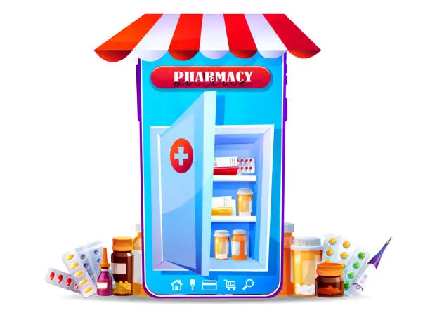 Vector illustration of Medical and online commerce concept in cartoon style.  Medical first aid kit with medicines and mobile phone on an isolated white background.