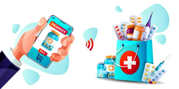 Vector illustration of Medical and online commerce concept in cartoon style. Ordering medicines in the online store. A package with medicines and a hand with a mobile phone on an isolated white background.