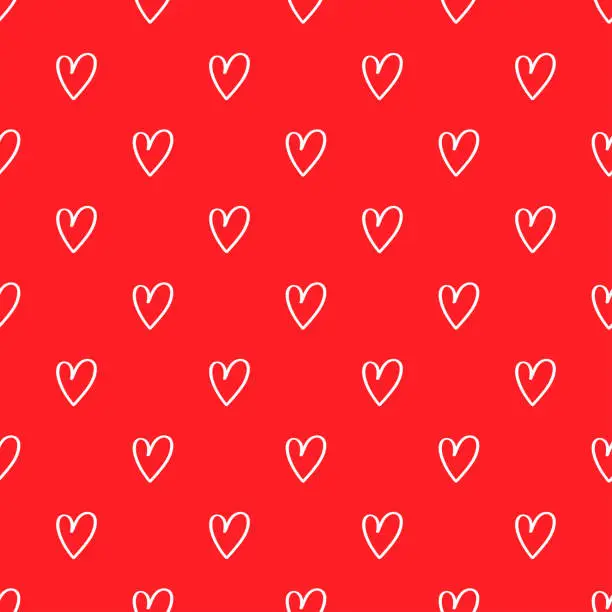 Vector illustration of Seamless lovely pattern with hand drawn white hearts on red background.