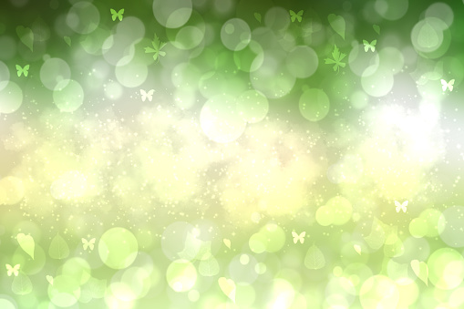 Abstract blurred vivid spring summer green yellow bokeh background texture with butterflies and sunshine.